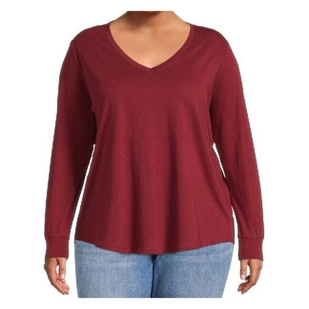 NWT Terry & Sky Women's Long Sleeve Plus Size V-Neck Tee, Rose Wine, Size: 5X